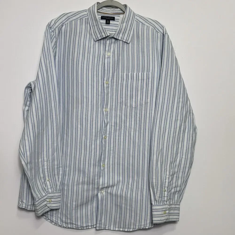 Banana Republic Classic XXL Tall Linen Cotton Shirt Blue White Stripe Long Sleev